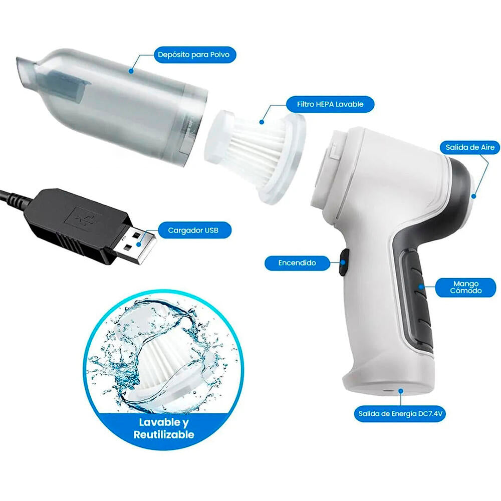 Mini Aspirador de Mano Inalámbrico 4 en 1 – Recargable USB | Para Coche, Hogar y Oficina